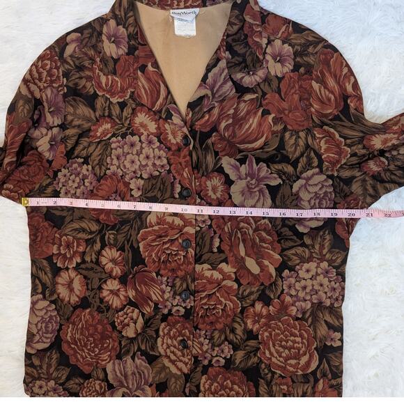 90s Vintage Fall Floral Top Shaket by Bon Worth Brown Black and Tan Size M - Picture 7 of 14